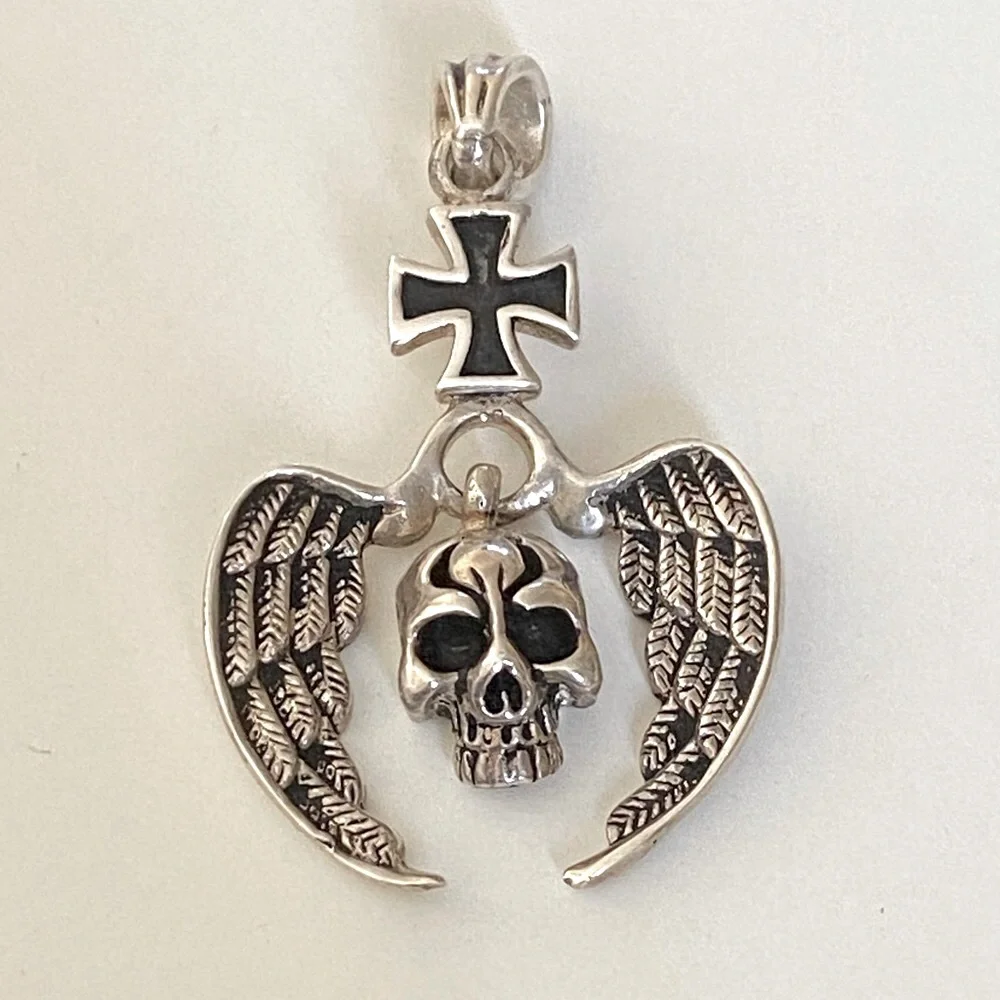 925 Silver skull angel wings pendant iron cross